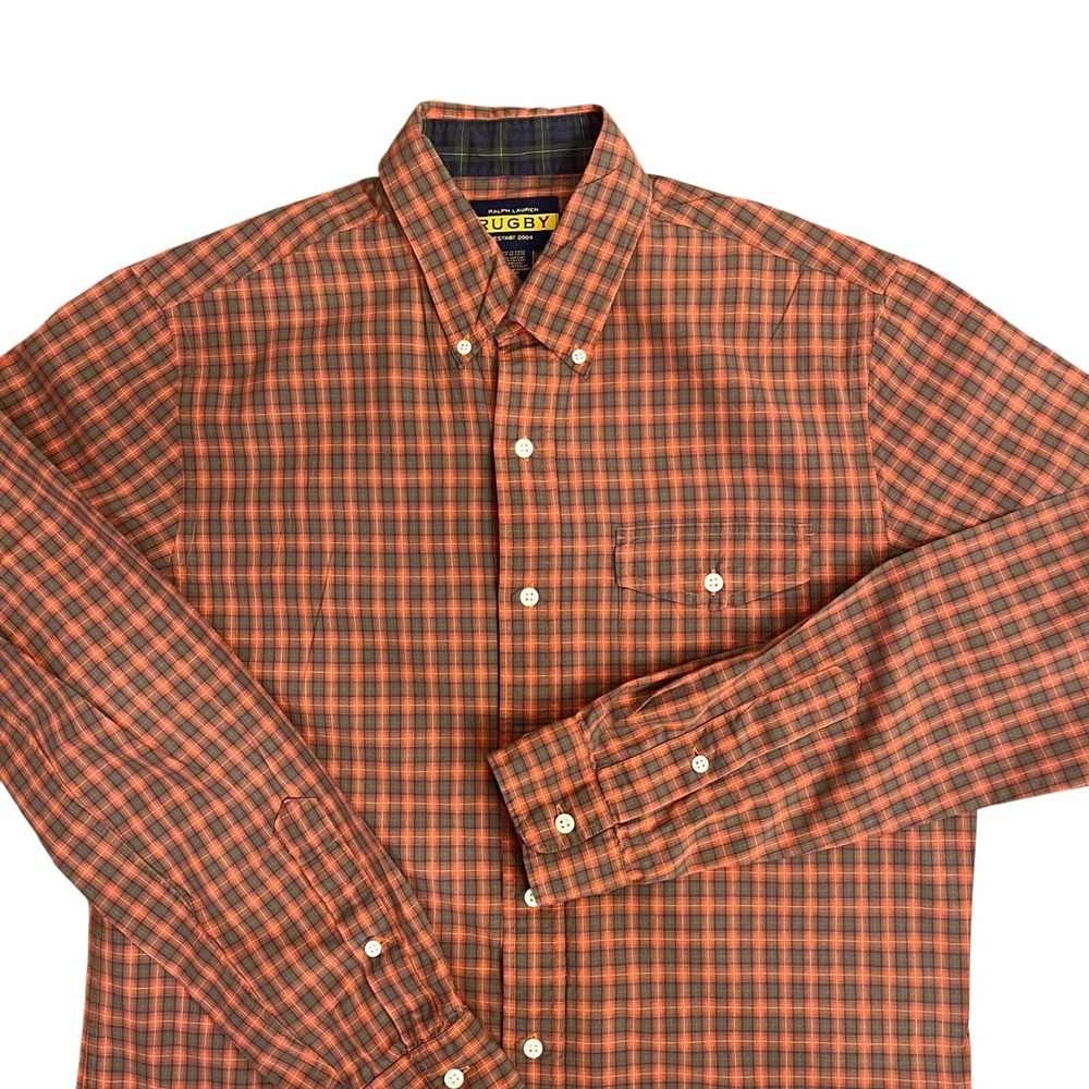 Ralph Lauren Rugby University Button Down Shirt Mens M Orange Plaid Long Sleeve